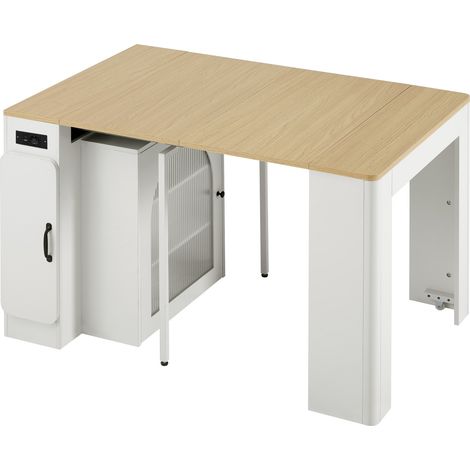 Carro de Cocina con Mesa Extensible, 3 Tableros, Almacenaje, Ruedas, LED y Enchufes, MDF Vidrio, Blanco Natural (1/5)