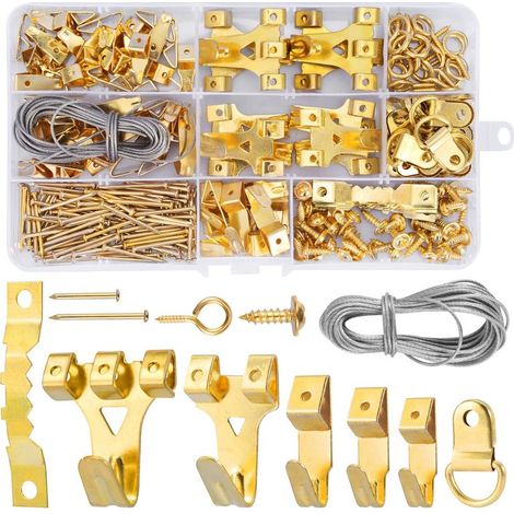 Lot de 250 crochets muraux pour cadres photo – kit complet en métal avec vis, crochets robustes pour tableau, horloge, miroir et décoration murale – (1/5)