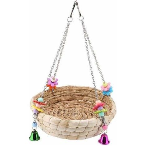 Cockatiel Straw Nest, Chew Toy, Swing, Standing Swing with 4 Metal Bells for Budgerigars, African Cockatiels (1/5)