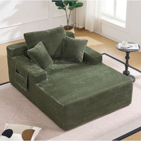Sofá cama de pana verde sin montaje, con bolsillos laterales y cojines (1/5)