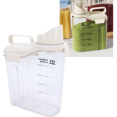 Récipient Hermétique de Stockage de Riz avec Bec Verseur et Tasse à Mesurer pour Céréales, Grains, Farine, Haricots, Distributeur de Céréales Alimentaires, Entonnoir (Blanc laiteux 2300ml)