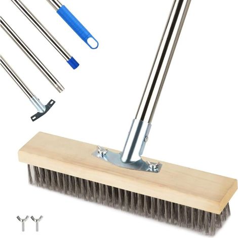 Balai en métal robuste à manche amovible (167 cm), brosse métallique rigide pour éliminer les mauvaises herbes, la mousse et les taches tenaces, balai à poils pour patio, terrasse et jardin (1/4)