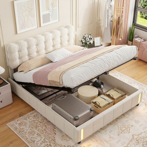 BLANKETSWARM - Lit coffre adulte 140 x 190 cm, Lit double 140 x 190 avec LED réglable - Tête de lit capitonné - Sommier à lattes - Velours - Beige (1/5)