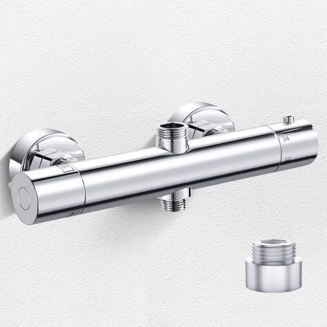 Thermostat-Duscharmatur mit 2 Ausgängen, Thermostat-Duscharmatur für Dusche und Duschsäule, oben 3/4" BSP (26,4 mm) + unten 1/2" BSP (21 mm), Thermostat-Duschventil aus Messing, verchromt (1/5)