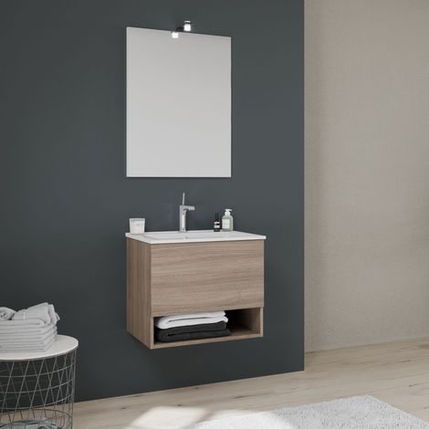 Meuble De Salle De Bain 60Cm Avec Tiroir Et Compartiment Ouvert Aspect Bois Venezia (1/5)