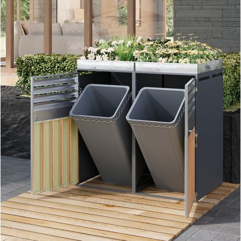 Cobertizo para cubos de basura exterior de 2 puertas con jardinera, acero galvanizado gris HAVRYA (1/5)