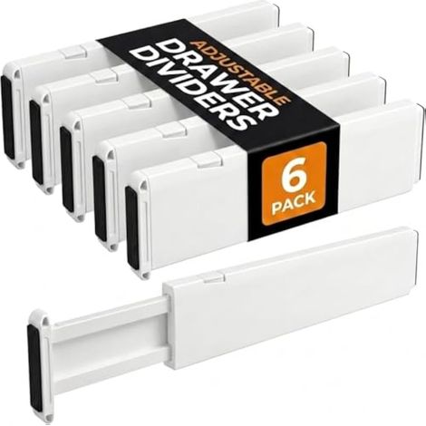 6 Pcs Séparateurs de Tiroirs Réglables 37.5 à 54.5 cm, Organisateur de Tiroir Extensible 10 cm de Haut, Organisateur de Tiroir en Plastique avec Tapis Antidérapant, pour Cuisine Commode, Blanc (1/5)