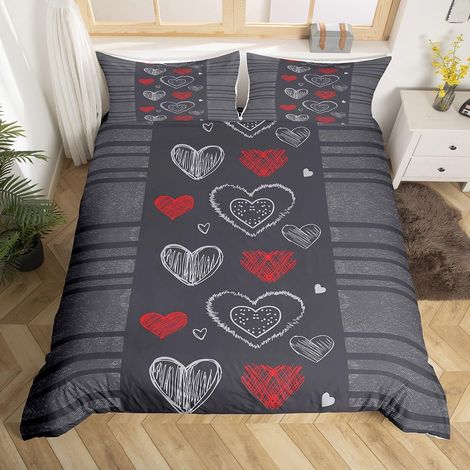 Duvet Cover 220 x 240 cm Modern Geometric Stripes Bedding Set Grey Red and White Hearts Bedding Set Simple Lines Bedding Set Valentine Couple Decor (1/5)