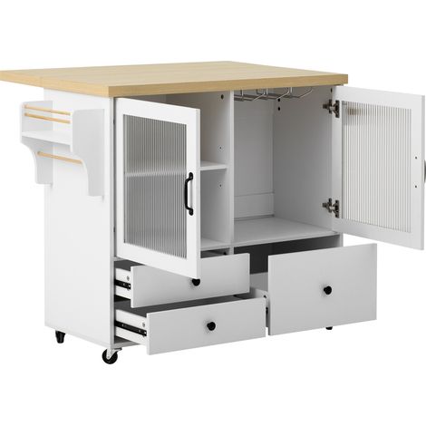 Îlot de cuisine mobile blanc avec roulettes, plateau extensible et rangement, porte-verres à vin intégré (1/5)