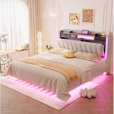 lit adulte rangement 140x200 led usb beige tissu moderne HAVRYA (1/5)