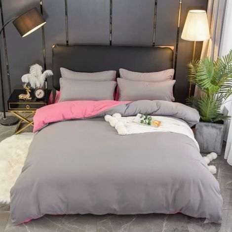 Housse de Couette 220x240 cm + Drap Housse 230x250cm avec 2 Taie d'oreiller 48x74cm,Parure de Lit Bicolore Fermeture Éclair,StyleD (1/4)