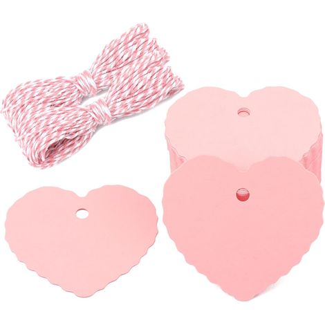 100 etichette regalo rosa a forma di cuore con cordino, 2,35 x 2,16 pollici, etichette vuote da appendere per incartare i regali, etichette nominative per San Valentino, matrimoni e regali per feste.