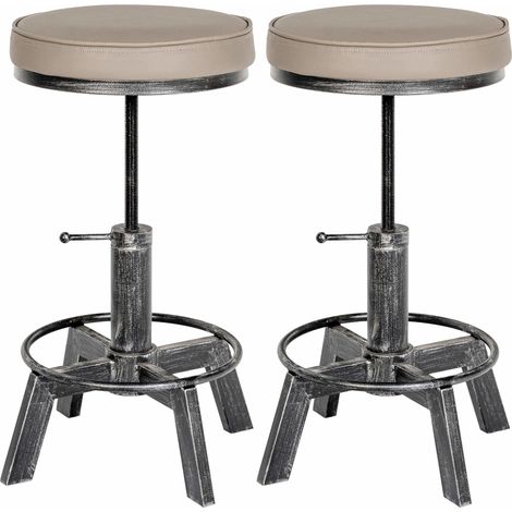 Conjunto de 2 taburetes industriales de metal con acabado plata envejecida asientos de piel sintética color crema regulables en altura con reposapiés 100008725