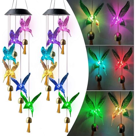 Lot de 2 carillons solaires colibri, avec clochette, guirlande lumineuse LED solaire à couleurs changeantes, lampe mobile suspendu (1/5)