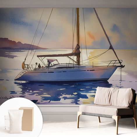 Papier peint intissé décoratif pour salon chambre et cuisine Facile à poser avec colle Voilier au coucher du soleil 312x219 cm (1/5)