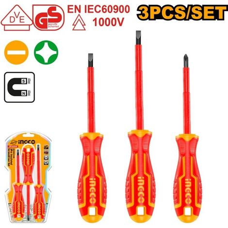 Set 3 pz. Cacciaviti Elettricista Punta Magnetica a Croce e Taglio INGCO Giraviti Isolanti