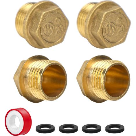 Lot de 4 bouchons d'obturation en laiton 1/2", filetage extérieur, pour conduite d'eau avec anneau en caoutchouc + bande de protection filetée, bouchons de fermeture pour raccord de tuyau (1/5)