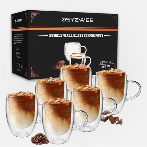 Verres à Latte Macchiato lot de 6 350ml double paroi avec anse en verre borosilicaté