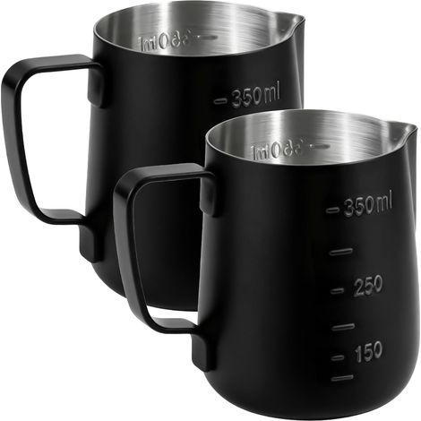Pichet à lait - Lot de 2 - Acier inoxydable - 350 ml - Avec échelle de mesure - Pour café et cuisine - Noir (1/5)