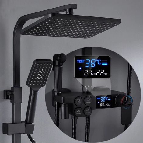 Thermostatic Mixer Showers System black, Square Thermostatic 38 °C Shower Mixer Set with LCD,Rainfall Shower Head, Handheld Shower,bidet,shelf, Adjustable Height Anti Scald (1/5)