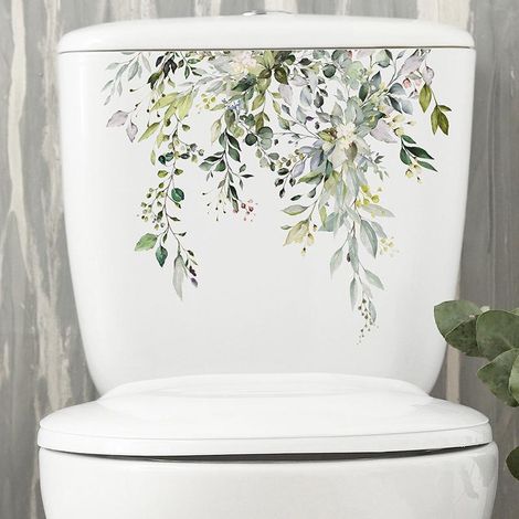 Décor mural autocollant feuilles tropicales vertes, sticker housse de toilettes, adhésif salle de bain, déco maison, lot de 2, lavable, réutilisable (1/5)