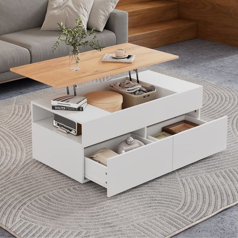 Table basse relevable 100 x 50 x 40 cm avec rangement caché, 2 tiroirs et espace de stockage semi-ouvert – pour salon et canapé (1/5)