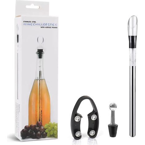 Juego de 2 enfriadores de vino de acero inoxidable con varilla de enfriamiento y aireador.