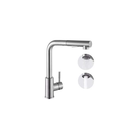 Grifo de cocina giratorio 360° con rociador extraíble, 2 tipos de chorro, acero inoxidable, conexión para agua fría y caliente.