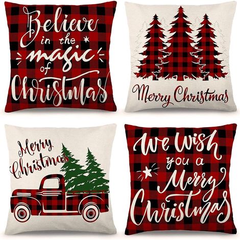 Taie d'oreiller décorative de Noël 45 x 45 cm (18 x 18 pouces) - Lot de 4 - Style ferme - Carreaux noirs et rouges (1/3)