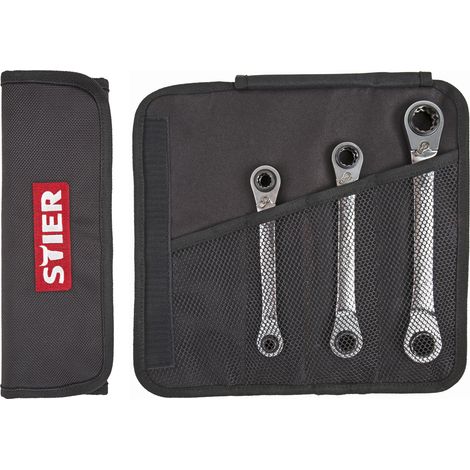 STIER Doppel Ring Ratschen Schlüssel Satz, 3-teilig, SW 9  10  13  14  17  18 mm, Kraft Spezial 4-in-1, 8-18mm aus Chrom-Vanadium-Stahl in Rolltasche