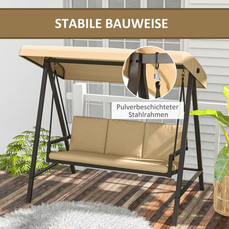 Balançoire Hollywood 3 places 200x125x175cm beige marron, banc suspendu balancelle jardin avec auvent réglable. (1/4)