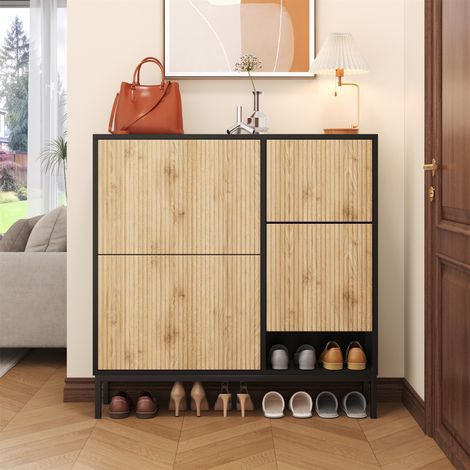 Fortuna Lai – Meuble à chaussures avec tabouret à langer – 100x100x25cm – 3 volets et espace de rangement ouvert – MDF noir et bois (1/5)
