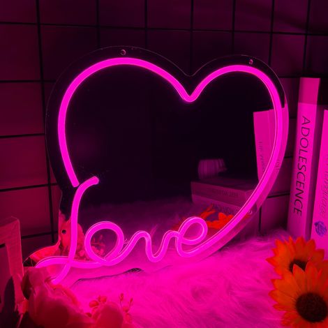Miroir néon en forme de cœur : Un adorable miroir de maquillage LED à luminosité réglable — parfait pour les adolescentes et idéal pour décorer une chambre de jeune fille. (1/5)