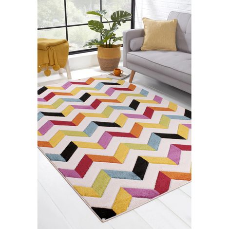 Spectra Carved Coral Geometric Rainbow Bright Multi Coloured Soft Rug 80 x 150 cm (2'6"x5'0")