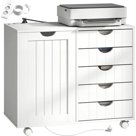 HOMCOM mueble para impresora con estación de carga y ruedas, soporte para impresora con 5 cajones, puertos USB, estante ajustable, blanco