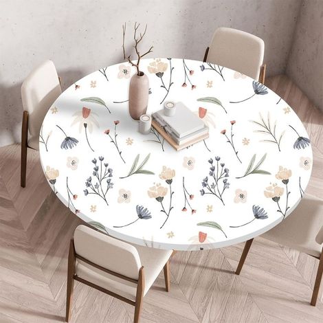 Runde Tischdecke mit elastischem Rand, runde, fleckenabweisende, rutschfeste Outdoor-Tischdecke, dehnbare Schutztischdecke für Café, Küche, Partytisch (120 cm, Blumen- und Blättermuster) (1/5)