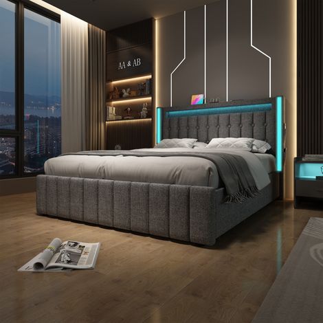 Cama doble 160x200cm con LED multicolor cargador 3 USB 1 Type C almacenamiento 4 cajones lino color gris (Sin colchón) (1/5)