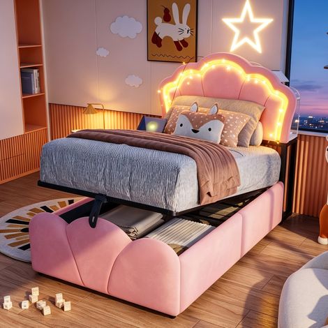 Cama individual CHICFURN 90x200 cm de terciopelo rosa con arcón hidráulico, LED, sin colchón (1/5)