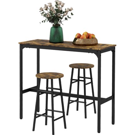 Ensemble table haute de bar + 2 tabourets structure en acier plateau aspect effet bois d'acajou 2 personnes noir