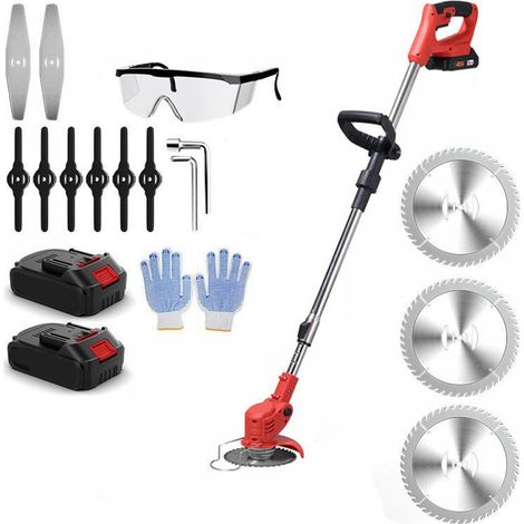 Cortacésped inalámbrico, desbrozadora eléctrica, cabezal ajustable a 90 grados con 3 cuchillas y guantes para cortar césped y arbustos. (1/5)