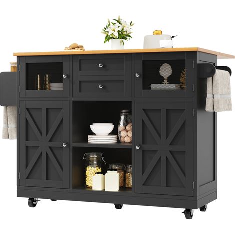 Kücheninsel, Esszimmerwagen mit Arbeitsplatte, Buffetschrank, Esszimmerwagen mit Holzmaserung, seitlicher Handtuchhalter, dreidimensionale Schranktüren mit Rollen, verstellbare Trennwände, Schwarz