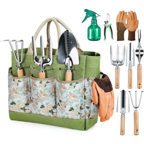 Outils Jardinage, 9 pièces Ensemble de Jardinage en Acier Inoxydable avec XL Sac de Rangement, Arrosoir, Gants de, Cadeaux de kit Jardinage adulte pour Homme et Femme (1/5)