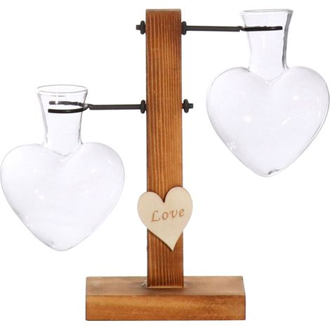 Porte-fleur en Bois et Verre Support avec Vase Cœur (Taille: 15cm, 20cm) - Support pour Plantes (1 Porte-fleur + 2 Vases) (1/5)
