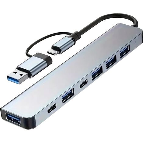 Hub USB-C - Splitter USB - 7 in 1 - 5 porte USB-A 3.0 - 2 porte USB-C - Grigio
