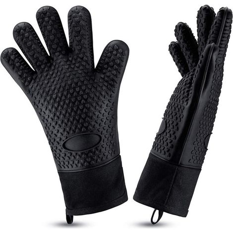 Guanti da barbecue in silicone resistenti al calore, lunghi guanti da forno impermeabili con fodera in cotone per barbecue, cucina e cottura al forno (neri)