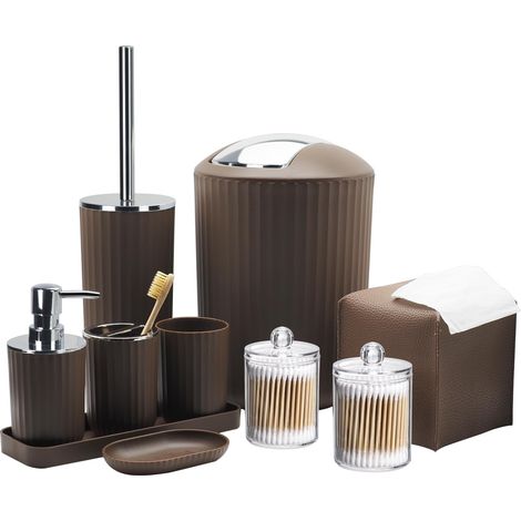 Ensemble d'accessoires de Salle de Bain - 10 pièces Marron avec Poubelle, Porte-Brosse à Dents et Tasse, Distributeur de Savon, Porte-Savon, Porte-Brosse de Toilette, Plateau de Coiffeuse, Support (1/5)