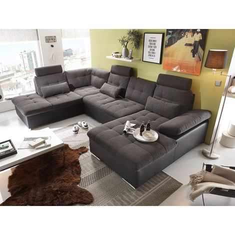 Wohnlandschaft mit Schlaffunktion und Kopfstützen in Webstoff dunkelgrau mit Kunstleder schwarz, U-Form mit Bettkasten links, Serie JACKSONVILLE-09 (1/5)