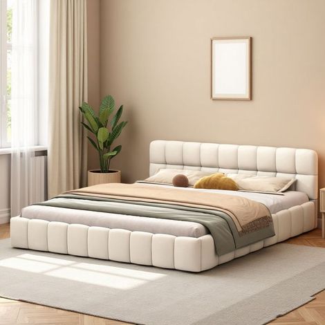 Struttura letto 140x190 cm, letto matrimoniale, letto per adulti, Tocco confortevole, Contemporaneo, Lino, telaio letto 140x190 cm, beige