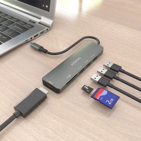 Docking USB Tipo-C Aisens ASUC-6P024-GR/ 1xHDMI/ 3xUSB/ 1xLector Tarjetas/ Gris