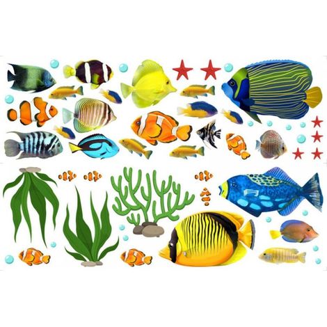 Un lot de stickers muraux poissons tropicaux Stickers Muraux Décor De Mur Autocollant Amovible pour salon Salle De Bain Chambre d'Enfant (1/5)